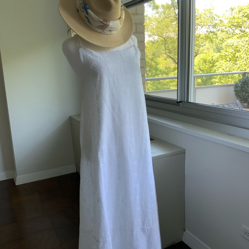 Vitamin A. white a line eyelet midi dress with spaghetti straps.